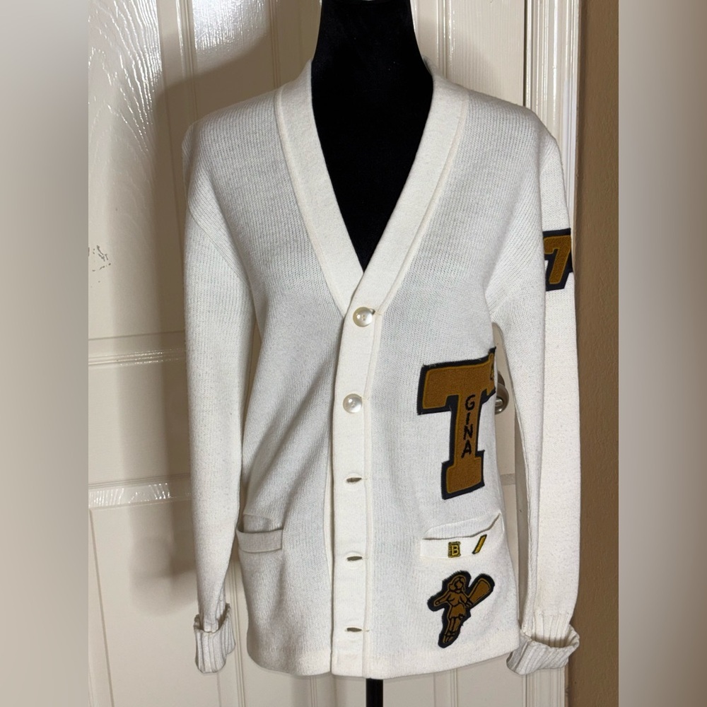1960s Vtg High School Kitted White Gold Gina T Letterman Medium Cardigan​ - Picture 6 of 9